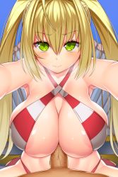 Rule 34 | 1girl, areola slip, armpits, asamura hiori, bare shoulders, bikini, blonde hair, blush, breasts, breath, censored, cleavage, closed mouth, collarbone, criss-cross halter, fate/grand order, fate (series), green eyes, hair between eyes, hair intakes, halterneck, hetero, highres, large breasts, light smile, long hair, looking at viewer, mosaic censoring, nero claudius (fate), nero claudius (fate) (all), nero claudius (swimsuit caster) (fate), paizuri, penis, pov, red bikini, solo, solo focus, striped bikini, striped clothes, swimsuit, tsurime, twintails