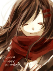 Rule 34 | 1girl, atoaru05, black sailor collar, black shirt, brown hair, character name, closed eyes, closed mouth, commentary request, facing viewer, hair ornament, hairclip, happy birthday, kagerou project, long hair, portrait, red scarf, sailor collar, scarf, school uniform, serafuku, shirt, simple background, smile, solo, tateyama ayano, white background, wind