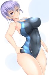 Rule 34 | &gt;:o, 1girl, :o, armpits, bare shoulders, blush, breasts, cleavage, competition swimsuit, covered navel, cowboy shot, covered erect nipples, large breasts, leona (sennen sensou aigis), looking at viewer, noeomi, one-piece swimsuit, purple eyes, purple hair, sennen sensou aigis, short hair, sideboob, solo, swimsuit, v-shaped eyebrows