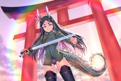 Rule 34 | 1girl, black hair, cloud, dragon horns, dragon tail, fusou empire princess, highres, holding, holding sword, holding weapon, horns, kogarashi51, long hair, looking at viewer, military uniform, old school swimsuit, purple eyes, school swimsuit, sky, standing, strike witches zero, sun, swimsuit, swimsuit under clothes, sword, tail, thighhighs, torii, uniform, weapon, world witches series