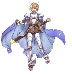 Rule 34 | 1boy, :d, armor, armored boots, belt, black belt, black pants, black shirt, blonde hair, blue cape, blue eyes, boots, breastplate, cape, cape hold, commentary request, cross, fake horns, full body, gauntlets, hair between eyes, highres, holding, holding sword, holding weapon, horns, koizumi (0w05070w0), leg armor, long bangs, looking at viewer, male focus, open mouth, paladin (ragnarok online), pants, pauldrons, ragnarok online, scabbard, sheath, shirt, short hair, shoulder armor, simple background, smile, solo, sword, weapon, white background