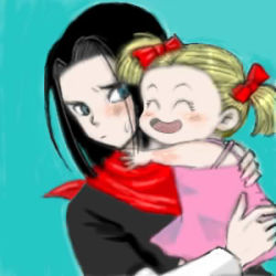 Rule 34 | 1boy, 1girl, amaguri, android 17, bandana, blonde hair, blush, bow, child, closed eyes, dragon ball, dragonball z, family, hair bow, hug, lowres, marron (dragon ball), smile, twintails, uncle and niece