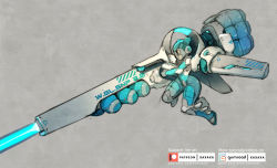 Rule 34 | 1girl, armored bodysuit, beam cannon, blue bodysuit, blue theme, bodysuit, commentary, crotch plate, double bun, energy beam, english commentary, firing, full body, gauntlets, grey background, hair bun, helmet, highres, huge weapon, mecha musume, original, science fiction, solo, thrusters, watermark, weapon, xaxaxa