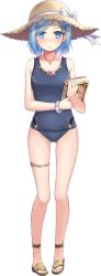 Rule 34 | 1girl, anklet, artwhirl mahou gakuen no otome-tachi, bare legs, blue eyes, blue hair, blush, bracelet, closed mouth, collarbone, full body, grey one-piece swimsuit, hakuishi aoi, hat, jewelry, light smile, looking at viewer, necklace, one-piece swimsuit, parted bangs, scrunchie, short hair, solo, standing, star (symbol), star necklace, straw hat, sun hat, swimsuit, transparent background, white scrunchie, wisteria (artwhirl), wrist scrunchie