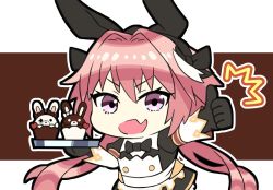 Rule 34 | 1boy, astolfo (fate), astolfo (saber) (fate), astolfo (saber) (third ascension) (fate), beppu mitsunaka, brown background, chibi, fang, fate/grand order, fate (series), long hair, looking at viewer, male focus, multicolored hair, open mouth, pink hair, scarf, scarf over mouth, skin fang, solo, thumbs up, trap, two-tone background, upper body, white background, white hair