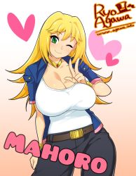 Rule 34 | 1girl, agawa ryou, artist name, belt, blonde hair, breasts, character name, cleavage, gradient background, green eyes, heart, huge breasts, jacket, jewelry, long hair, necklace, one eye closed, solo, v, watermark, web address, wink