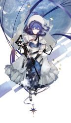 Rule 34 | 1girl, annnnq, arknights, astesia (arknights), astesia (starseeker) (arknights), belt, blue eyes, blue hair, breasts, bright pupils, cleavage, dark blue hair, dress, earth (planet), frills, gloves, high heels, holding, holding sword, holding weapon, layered dress, long hair, looking at viewer, planet, smile, solo, space print, star (symbol), starry sky print, sword, telescope, weapon, white background, white pupils