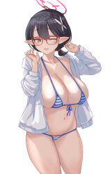 Rule 34 | 1girl, ;d, absurdres, ayane (blue archive), bikini, black hair, blue archive, breasts, collarbone, flower, hair flower, hair ornament, halo, highres, huge breasts, jacket, micro bikini, one eye closed, open clothes, open jacket, open mouth, pointy ears, red-framed eyewear, red halo, serizawa (knight2020), short hair, simple background, smile, solo, standing, striped bikini, striped clothes, swimsuit, thighs, white background, white flower, white jacket, yellow eyes