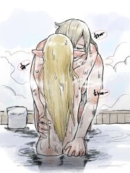 Rule 34 | 2girls, arms around neck, blonde hair, blush, closed eyes, co1fee, commentary request, completely nude, dungeon meshi, ear blush, elf, falin touden, falin touden (tallman), grey hair, hand on another&#039;s ass, hand on another&#039;s waist, highres, hug, korean commentary, long hair, marcille donato, medium hair, multiple girls, nude, open mouth, pointy ears, same-sex bathing, shared bathing, smile, steam, towel, wading, wet, yuri