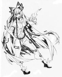 Rule 34 | 1girl, bad id, bad pixiv id, belt, bow, female focus, fire, fujiwara no mokou, full body, greyscale, grin, hair bow, hand on own hip, highres, hip focus, long hair, millipen (medium), monochrome, navel, oshima, pants, shirt, shoes, simple background, smile, solo, suspenders, touhou, traditional media, very long hair