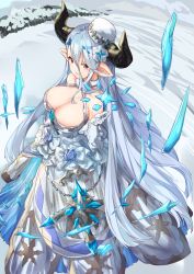 Rule 34 | 10s, 1girl, a.t. zero, bare shoulders, blue flower, blue rose, breasts, brown eyes, choker, cleavage, draph, elbow gloves, flower, gloves, granblue fantasy, hair ornament, hat, highres, horns, izmir, large breasts, long hair, pointy ears, rose, silver hair, solo, very long hair, white gloves
