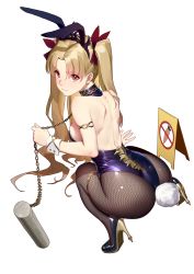 Rule 34 | 1girl, absurdres, animal ears, armlet, ass, bare shoulders, bdsm, collar, earrings, ereshkigal (fate), fake animal ears, fate/grand order, fate (series), fishnet pantyhose, fishnets, full body, high heels, highres, jewelry, leash, leotard, light brown hair, long hair, looking at viewer, looking back, pantyhose, parted bangs, playboy bunny, rabbit ears, rabbit tail, red eyes, rekaerb maerd, shoulder blades, simple background, slave, solo, squatting, tail, tiara, two side up, white background, wrist cuffs