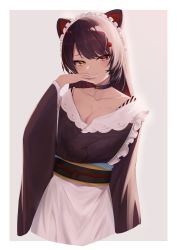 Rule 34 | 1girl, absurdres, animal ears, apron, black collar, breasts, brown background, brown eyes, brown hair, brown kimono, cleavage, closed mouth, collar, collarbone, cropped torso, dog ears, flower, frilled apron, frills, hair flower, hair ornament, hand up, heterochromia, highres, inui toko, japanese clothes, kimono, kuki panda (wkdwnsgk13), long hair, long sleeves, looking at viewer, maid, maid headdress, medium breasts, nijisanji, obi, red eyes, red flower, sash, smile, solo, striped, two-tone background, upper body, virtual youtuber, wa maid, white apron, white background, wide sleeves