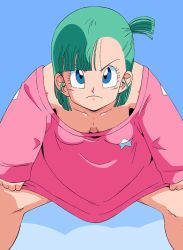 Rule 34 | 1girl, animated, animated gif, anus, asymmetrical bangs, blinking, blue eyes, bouncing breasts, breasts, breasts apart, bulma, cleavage, cleft of venus, clothes lift, downblouse, dragon ball, dragon ball (classic), dress, dress lift, facing viewer, female focus, flashing, from below, gluteal fold, green hair, groin, leaning forward, legs, legs apart, lifted by self, medium hair, navel, nightgown, nightgown lift, no bra, no panties, old school academy, open mouth, outdoors, pink nightgown, pussy, side ponytail, simple background, small breasts, solo, standing, thighs, uncensored