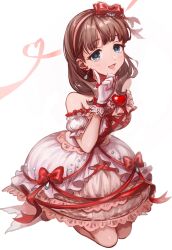 Rule 34 | 1girl, bare shoulders, blue eyes, bow, brown hair, dress, dress bow, earrings, finger ribbon, gloves, hair bow, hairband, highres, idolmaster, idolmaster cinderella girls, jewelry, konnong, looking at viewer, medium hair, open mouth, red bow, red ribbon, ribbon, sakuma mayu, simple background, smile, solo, white background, white gloves