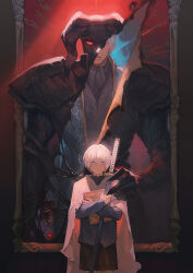 Rule 34 | 1boy, age comparison, armor, black shirt, black shorts, black vest, blue coat, blue eyes, blue shirt, book, cloak, closed mouth, coat, cowboy shot, devil may cry, devil may cry (series), devil may cry 1, devil may cry 3, evanolge, holding, holding book, holding jewelry, holding necklace, jewelry, katana, long sleeves, looking at viewer, male focus, necklace, nelo angelo, pauldrons, portrait, red eyes, scabbard, sheath, sheathed, shirt, short hair, shorts, shoulder armor, standing, sword, vergil (devil may cry), vest, weapon, white cloak, white hair, yamato (sword)