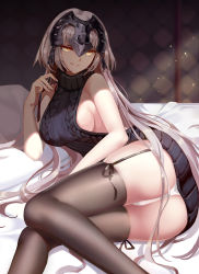 Rule 34 | 1girl, alternate costume, aran sweater, ass, backless dress, backless outfit, bare shoulders, bed sheet, black dress, black sweater, black thighhighs, breasts, brown thighhighs, cable knit, commentary, d. (ddot2018), dress, fate/grand order, fate (series), fingernails, from side, garter straps, hair down, hair ribbon, halterneck, hand up, headpiece, indoors, jeanne d&#039;arc (fate), jeanne d&#039;arc alter (avenger) (fate), jeanne d&#039;arc alter (fate), large breasts, light particles, long hair, looking at viewer, lying, medium breasts, meme attire, no bra, on bed, on side, panties, pantyshot, pillow, revision, ribbed sweater, ribbon, shade, sideboob, silver hair, sleeveless, sleeveless turtleneck, smile, solo, sunlight, sweater, sweater dress, thighhighs, tress ribbon, turtleneck, turtleneck sweater, underwear, very long hair, virgin killer sweater, white panties, yellow eyes