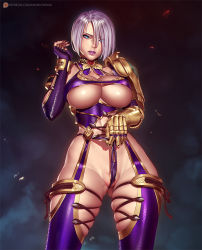 Rule 34 | 1girl, blue eyes, breasts, cleft of venus, fat mons, fingerless gloves, frontal wedgie, gauntlets, gloves, isabella valentine, large breasts, lips, looking at viewer, namco, nikichen, parted lips, partially visible vulva, purple hair, short hair, skindentation, solo, soul calibur, soulcalibur, soulcalibur iv, thick thighs, thighs, underboob, wedgie