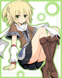 Rule 34 | 1girl, arm warmers, black panties, blonde hair, blush, boots, cross-laced footwear, detached sleeves, female focus, green eyes, knee boots, lace-up boots, mizuhashi parsee, panties, pointy ears, ponytail, scarf, shirt, sitting, skirt, smile, solo, suna (sunaipu), touhou, underwear, upskirt