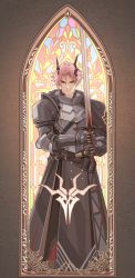 Rule 34 | 1boy, absurdres, arknights, armor, black horns, chinese commentary, closed mouth, gauntlets, highres, holding, holding sword, holding weapon, horns, jueduihuoli, looking at viewer, male focus, pink hair, pointy ears, red eyes, simple background, solo, stained glass, sword, theresis (arknights), weapon