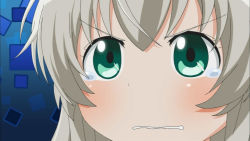 Rule 34 | angry, blue background, green eyes, gununu (meme), haiyore! nyaruko-san, meme, nyarlathotep (nyaruko-san), parody, screencap, silver hair, solo, style parody, tears