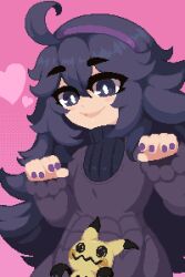 Rule 34 | 1girl, @ @, ahoge, black hair, blush, bright pupils, commentary, creatures (company), dress, english commentary, game freak, gen 7 pokemon, ghost pose, hair between eyes, hairband, heart, hex maniac (pokemon), long hair, looking at viewer, messy hair, mimikyu, minimilieu, nail polish, nintendo, open mouth, pink background, pixel art, pokemon, pokemon (creature), pokemon xy, purple eyes, purple hairband, purple nails, smile, thick eyebrows, very long hair