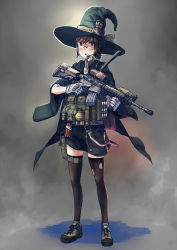 Rule 34 | 1girl, assault rifle, black thighhighs, blush, brown eyes, brown hair, cape, commentary, dress, erica (naze1940), explosive, full body, glasses, gloves, grenade, gun, handgun, hat, headset, highres, holding, holding gun, holding weapon, holster, load bearing vest, m4 carbine, military, open mouth, original, pistol, ponytail, rifle, shadow, shoes, short ponytail, simple background, sneakers, solo, thigh holster, thighhighs, torn clothes, torn thighhighs, trigger discipline, weapon, witch, witch hat, zettai ryouiki