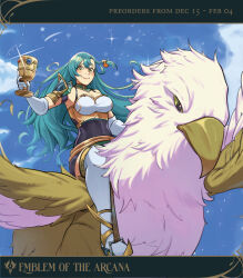 Rule 34 | 1girl, aqua hair, armor, blue sky, blush, boots, bow, breasts, chalice, chloe (fire emblem), cleavage, cloud, commentary, covered navel, cup, day, deliciousbrain, fire emblem, fire emblem engage, gloves, green eyes, griffin, hair bow, highres, holding, holding cup, large breasts, long hair, looking at viewer, nintendo, orange bow, pauldrons, riding, shoulder armor, sky, smile, solo, thigh boots, very long hair, white footwear, white gloves