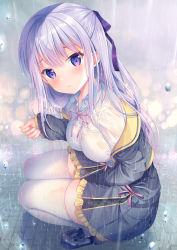 Rule 34 | 1girl, absurdres, black footwear, blue dress, blue hair, bow, braid, breast hold, breasts, closed mouth, collared shirt, dress, frilled dress, frills, from side, hair ornament, hair ribbon, half updo, highres, hiiragi asuka (twinbox), long hair, looking at viewer, medium breasts, no bra, original, pavement, pink neckwear, plaid, plaid skirt, purple eyes, purple ribbon, rain, ribbon, school uniform, see-through, shirt, sidelocks, signature, skirt, smile, solo, sousouman, squatting, standing, thighhighs, transparent, twinbox school, water drop, wet, wet clothes, white thighhighs
