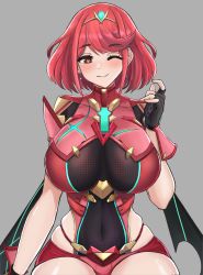 Rule 34 | 1girl, absurdres, black gloves, breasts, chest jewel, desspie, earrings, fingerless gloves, gloves, heart, heart-shaped pupils, highres, jewelry, large breasts, pyra (xenoblade), red eyes, red hair, red shorts, red thighhighs, short hair, short shorts, shorts, swept bangs, symbol-shaped pupils, thighhighs, tiara, xenoblade chronicles (series), xenoblade chronicles 2