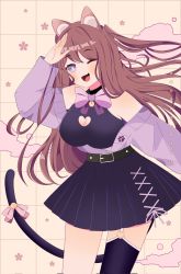 1girl animal_ear_fluff animal_ears beret black_skirt blush breasts brown_hair cat_ears cat_girl cat_tail cleavage clothing_cutout crop_top fang floating_hair hat heart_cutout highres indie_virtual_youtuber long_hair off_shoulder one_eye_closed open_hand purple_eyes purple_hat purple_sweater shimotsuki_miri single_thighhigh skirt smile solo sweater tail thighhighs virtual_youtuber wonder_c_&amp;_n