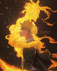 Rule 34 | 2boys, all might, bakugou katsuki, black jacket, blonde hair, boku no hero academia, brown background, closed mouth, collared shirt, fire, from side, hand on another&#039;s head, hand on another&#039;s shoulder, highres, hug, jacket, long hair, long sleeves, male focus, multiple boys, open clothes, open jacket, shirt, short hair, spiked hair, trubwlsum, upper body, watermark, white shirt, yagi toshinori