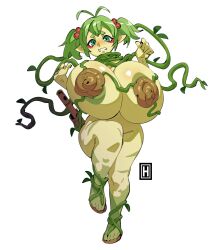 Rule 34 | 1girl, areola slip, blush, bottomless, breasts, colored skin, convenient leg, dryad, eyeshadow, flute, gigantic breasts, green eyes, green hair, green skin, highres, instrument, leaf clothing, makeup, original, thehelmet guy, twintails