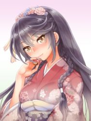 Rule 34 | 1girl, black hair, blush, folks (nabokof), japanese clothes, kimono, long hair, looking at viewer, simple background, solo, tales of (series), tales of berseria, velvet crowe, white background, yellow eyes