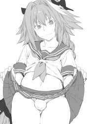 Rule 34 | 1boy, astolfo (fate), astolfo (sailor paladin) (fate), bad id, bad twitter id, blush, bow, braid, bulge, covered penis, fate/grand order, fate (series), greyscale, hair bow, highres, lifted by self, long hair, looking at viewer, male focus, monochrome, navel, official alternate costume, panties, plump, school uniform, simple background, sketch, skirt, solo, standing, tori udon, trap, underwear