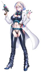 Rule 34 | 1girl, absurdres, blonde hair, blue eyes, blue hair, blush, breasts, denim, full body, high heels, highres, holding, holding weapon, jeans, lab coat, large breasts, lilith-soft, looking at viewer, multicolored hair, nail polish, navel, official art, pants, simple background, solo, taimanin (series), taimanin rpgx, test tube, thong, underwear, weapon, white background, yakushiji mizue, zol