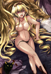 Rule 34 | 1girl, @ @, black panties, blonde hair, breasts, cat, censored, chen, chen (cat), cleavage, collarbone, convenient censoring, dacho, female focus, fox, hair censor, hair over breasts, highres, hip focus, large breasts, legs, crossed legs, lingerie, long hair, long legs, looking at viewer, navel, open mouth, panties, panties only, pink eyes, saliva, side-tie panties, sitting, solo, tabard, thighs, tongue, tongue out, topless, touhou, underwear, underwear only, very long hair, wide hips, yakumo ran, yakumo ran (fox), yakumo yukari