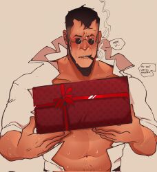 Rule 34 | 1boy, bara, black hair, blush, box, cigar, closed eyes, collared shirt, english text, gift, gift box, hazylulu, highres, holding, holding gift, male focus, medic (tf2), muscular, muscular male, open clothes, open shirt, shirt, short hair, smoking, solo, team fortress 2, upper body, white shirt