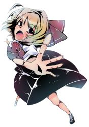 Rule 34 | 1girl, blonde hair, cheriina, female focus, hair ribbon, highres, open mouth, outstretched hand, purple eyes, ribbon, rumia, short hair, solo, touhou