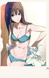 Rule 34 | 1girl, :o, bloom into me15, bra, breasts, brown hair, cleavage, collarbone, green bra, green eyes, green panties, groin, highres, idolmaster, idolmaster cinderella girls, lace, lace-trimmed bra, lace-trimmed panties, lace trim, long hair, looking at viewer, navel, panties, shibuya rin, shirt, skinny, small breasts, solo, straight hair, underwear, white shirt