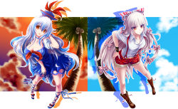 Rule 34 | 2girls, :d, adapted costume, alternate costume, bare shoulders, bent over, blue skirt, boots, bow, breasts, cleavage, cloud, coconut tree, collarbone, day, detached sleeves, dress shirt, fujiwara no mokou, hair bow, tucking hair, hand in own hair, hands on own hips, hat, hijikawa arashi, kamishirasawa keine, large breasts, leaning forward, leg ribbon, long hair, looking at viewer, multiple girls, navel, neckerchief, open mouth, palm tree, pigeon-toed, ribbon, shirt, shoes, short sleeves, shorts, silver hair, skirt, sky, smile, sunset, suspenders, touhou, tree, very long hair