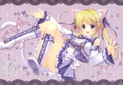 Rule 34 | 1girl, :d, absurdres, animal ears, blonde hair, boots, cat ears, cat tail, detached sleeves, dress, floating hair, full body, hair ornament, highres, knee boots, long hair, looking at viewer, neck ribbon, open mouth, original, purple dress, purple eyes, purple ribbon, ribbon, shiny skin, smile, solo, tail, tail ornament, tail ribbon, takano yuki, takano yuki (allegro mistic), twintails, white footwear