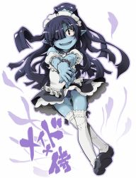 Rule 34 | 1girl, :d, black eyes, black footwear, black hair, black panties, blue skin, colored skin, disgaea, fingernails, frills, full body, fusion, hair over one eye, long hair, looking at viewer, maid, maid (disgaea), miniskirt, open mouth, own hands together, panties, pantyshot, pointy ears, ponytail, ronin (disgaea), shoes, skirt, smile, standing, takura mahiro, thighhighs, underwear, white background, white thighhighs, wide ponytail