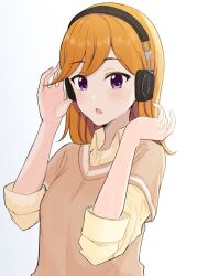 Rule 34 | 1girl, blush, brown sweater, collared shirt, commentary request, hands up, headphones, looking at viewer, love live!, love live! superstar!!, open mouth, orange hair, purple eyes, shibuya kanon, shirt, solo, sweater, swept bangs, tatsumi432, upper body, white background