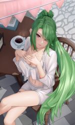 Rule 34 | 1girl, absurdres, azur lane, blush, breasts, brown eyes, chair, cleavage, coffee, coffee cup, collarbone, cup, disposable cup, gradient hair, green hair, highres, large breasts, crossed legs, littorio (azur lane), littorio (lounging emerald) (azur lane), long hair, looking at viewer, multicolored hair, navel, official alternate costume, ponytail, ropi (yyuichi29), saucer, sitting, sleepwear, smile, solo, spoon, steam, table, tank top, thighs, tying hair