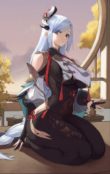 Rule 34 | 1girl, black bodysuit, bodysuit, braid, breast curtain, breasts, bridal gauntlets, chinese clothes, clothing cutout, covered navel, genshin impact, grey hair, hair ornament, highres, hip vent, kou (kokounene), large breasts, long hair, low-braided long hair, low-tied long hair, seiza, shenhe (genshin impact), shoulder cutout, sitting, solo, very long hair