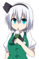 Rule 34 | 1girl, black bow, black bowtie, blouse, blue eyes, bow, bowtie, breasts, collared shirt, dango, eating, enushi (toho193), food, hair between eyes, highres, konpaku youmu, looking at viewer, medium breasts, one-hour drawing challenge, puffy short sleeves, puffy sleeves, sanshoku dango, shirt, short sleeves, silver hair, simple background, solo, touhou, vest, wagashi, white background, white shirt