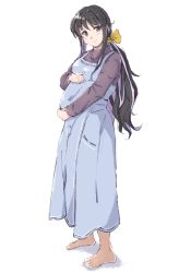 Rule 34 | 1girl, alternate costume, alternate hairstyle, barefoot, black hair, blue dress, commentary request, dress, highres, kantai collection, ld (luna dial398), long hair, looking at viewer, low ponytail, maternity dress, multicolored hair, naganami (kancolle), pink hair, pregnant, purple sweater, simple background, solo, sweater, two-tone hair, wavy hair, white background