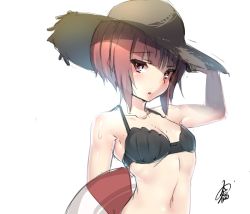 Rule 34 | 1girl, :o, arm up, armpits, ayagi daifuku, bare shoulders, bikini, black bikini, blunt bangs, blush, breasts, brown hat, collarbone, hand on headwear, hat, kantai collection, lifebuoy, looking at viewer, navel, open mouth, raised eyebrows, red eyes, red hair, short hair, signature, simple background, small breasts, solo, stomach, straw hat, swim ring, swimsuit, upper body, white background, z3 max schultz (kancolle)