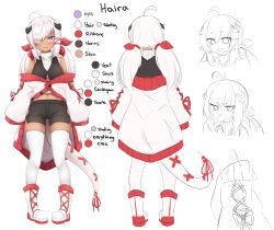 Rule 34 | 1girl, :t, absurdres, ahoge, black shorts, black vest, boots, bow, cardigan, character name, closed mouth, color guide, concept art, d:, expressions, eyes visible through hair, fang, hair bow, haira (klaius), highres, horns, jitome, klaius, lizard tail, looking at viewer, multiple views, off shoulder, open mouth, original, pigeon-toed, purple eyes, red bow, red ribbon, ribbed sweater, ribbon, short shorts, shorts, skin fang, smile, standing, sweater, tail, tail ornament, tail ribbon, tears, thighhighs, twintails, vest, white cardigan, white footwear, white hair, white sweater, white thighhighs